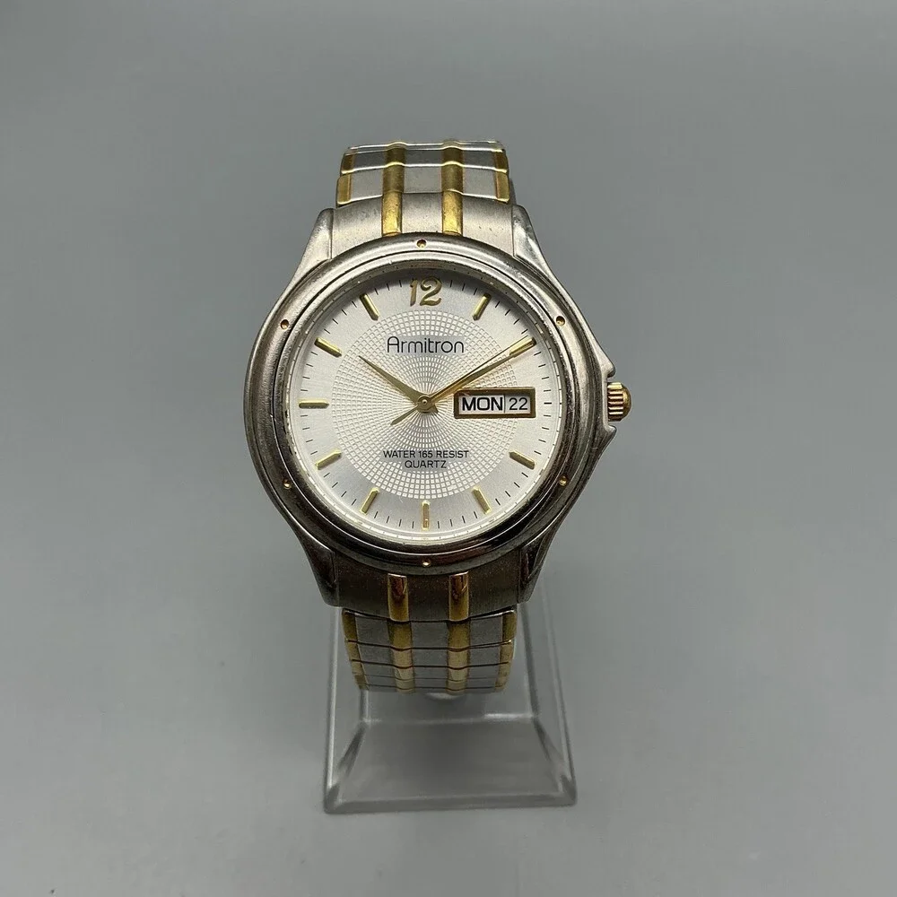 Armitron 20/1367 Mens Watch 37mm Silver Gold Two Tone Stretch Day Date New Batt